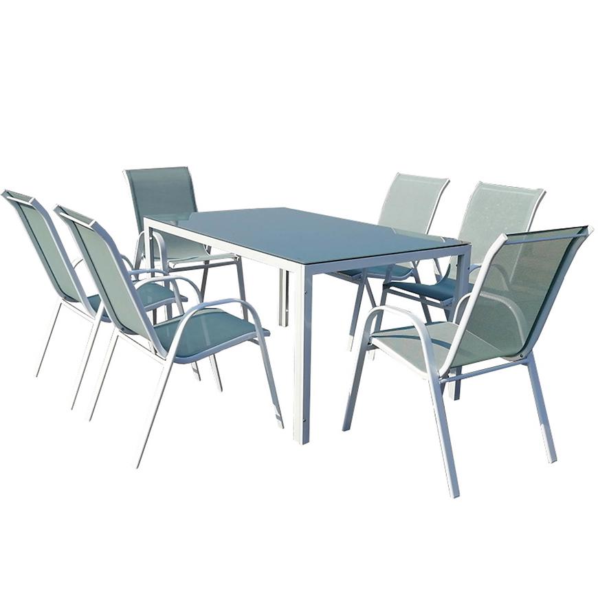 Sada Bergen skleněný stůl +6 židlí mořská BAUMAX