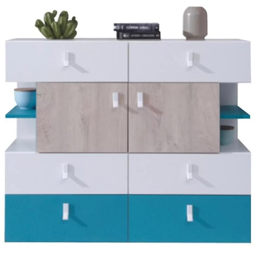 Komoda Planet 110 cm Bílý/Dub/Tyrkysový BAUMAX