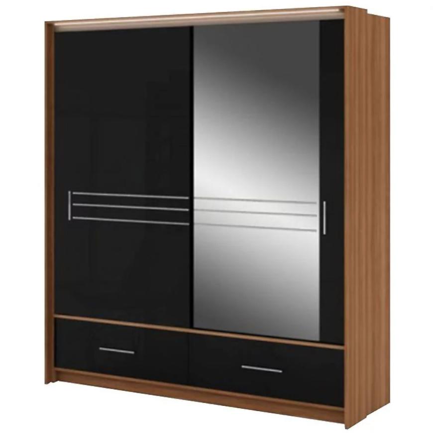 Skříň Amsterdam 203cm Švestka/Černy Lesk/Zrcadlo BAUMAX