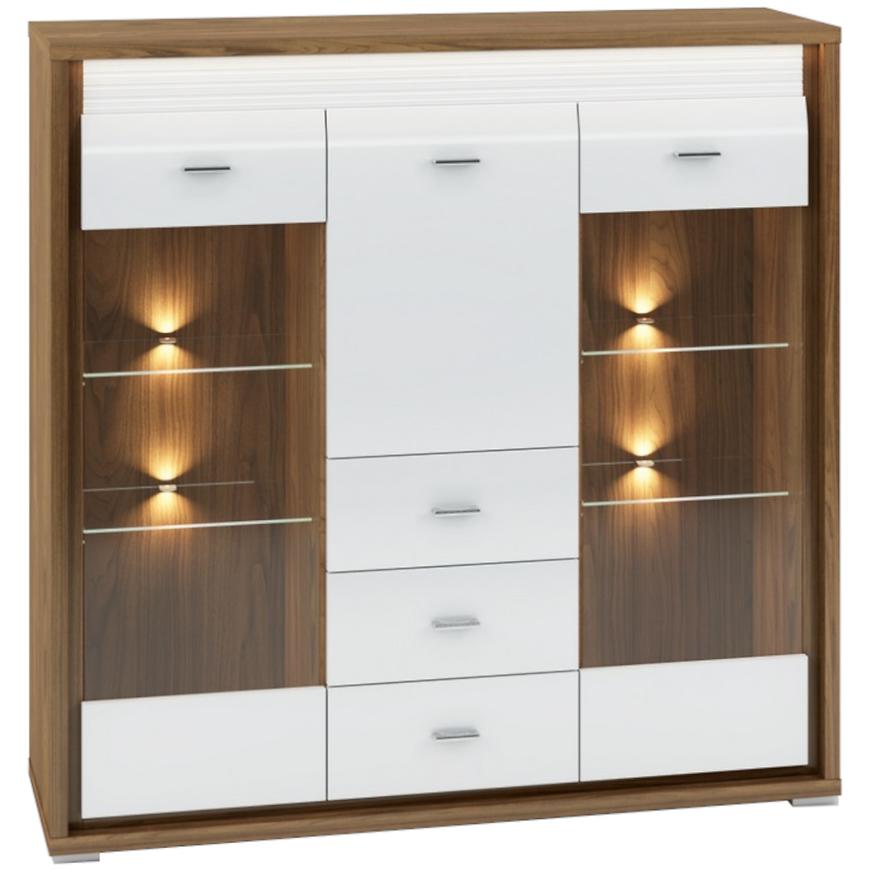 Vitrína Dallas 135cm Orech/Bílý Lesk/Bílý BAUMAX