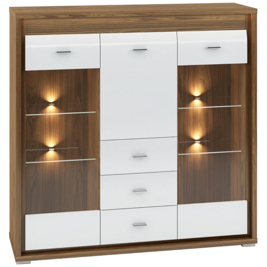 Vitrína Dallas 135cm Orech/Bílý Lesk/Orech BAUMAX