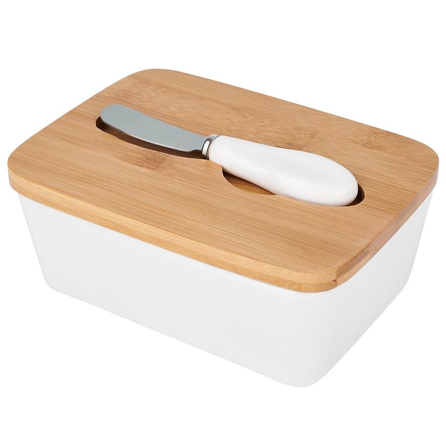 Keramická máselnice s dřev. víčkem a nůž bílá Baumax