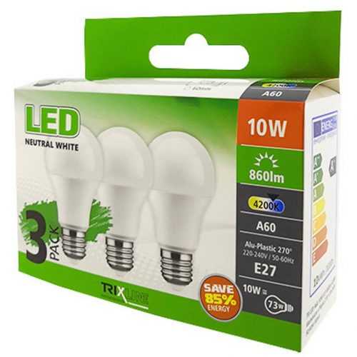 LED Žárovky 10W E27 A60 4200K sada 3 kusy Trixline