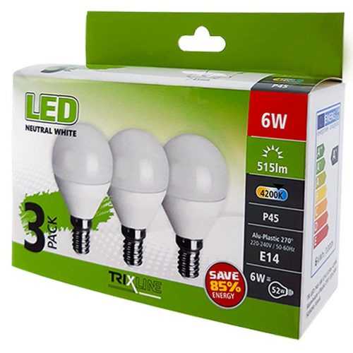 LED Žárovky 6W E14 P45 4200K sada 3 kusy Trixline