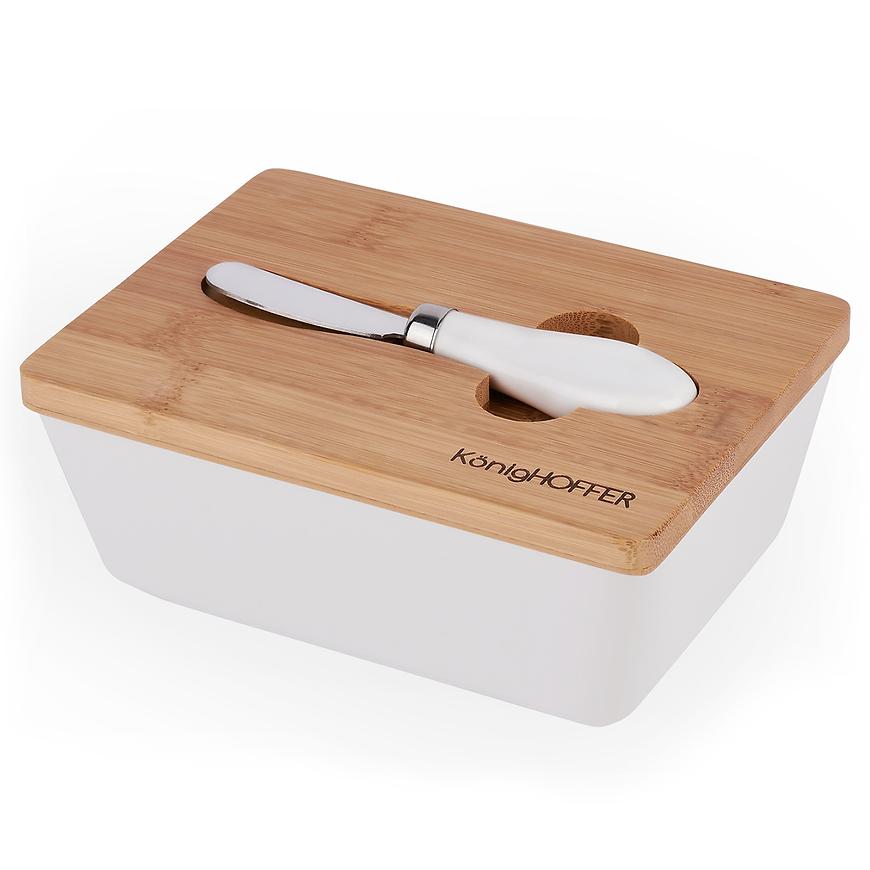 Máselnice s bambus pokličkou 17x12x7cm bílá+ nůž Baumax