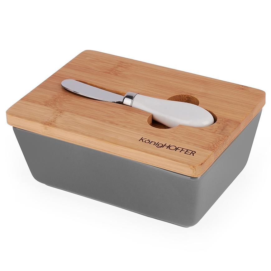 Máselnice s bambus pokličkou 17x12x7cm šedá + nůž Baumax