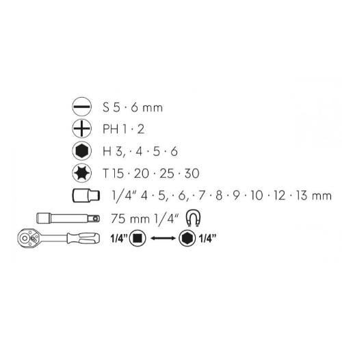 Ráčna oboustranná s bity a adaptery 1/4" 23 ks Euronářadí