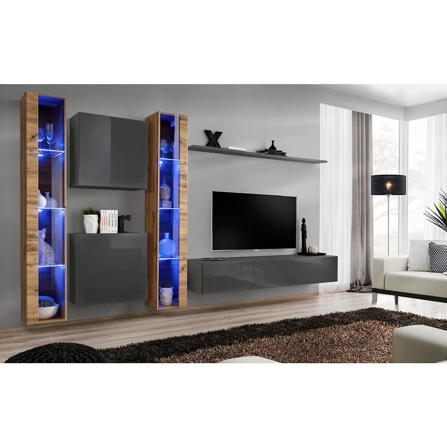 Obývací Stěna Switch XVI sklo + LED dub wotan/grafitová Baumax