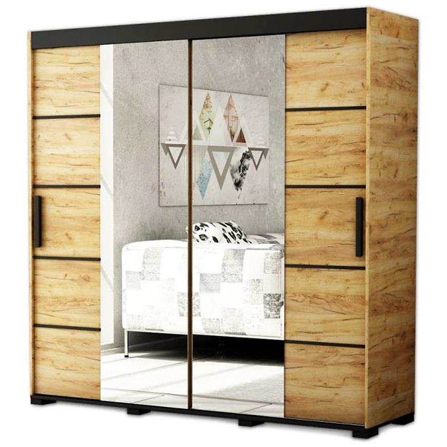 Skříň Bergamo V4 200 Dub Craft Zlatý/Černý/Zrcadlo Baumax