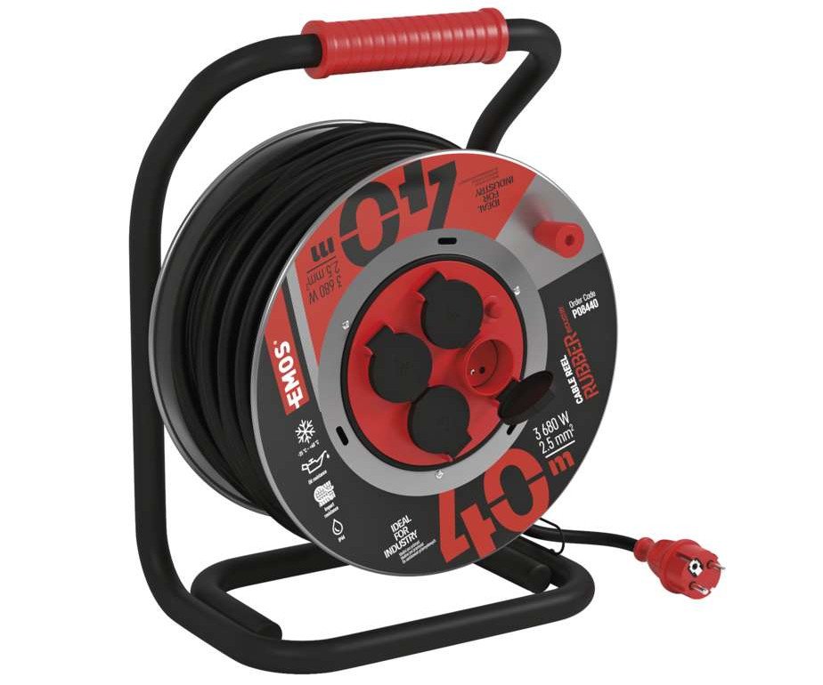 Šnůra prodlužovací gumová/neoprén na bubnu 4 zásuvky 40m