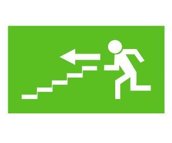 Tabulka Evakuace vlevo po schodišti dolů