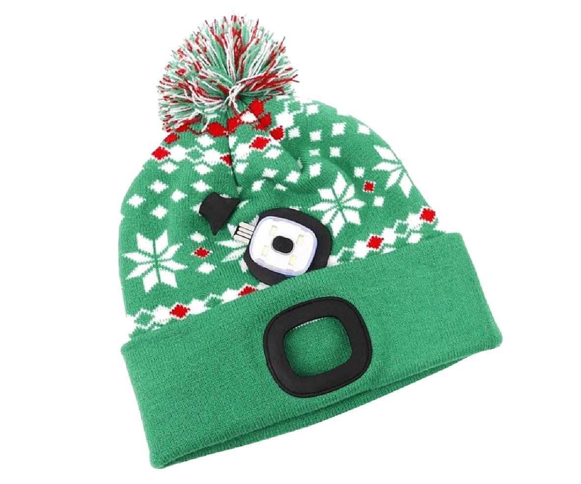 Čepice s čelovkou USB a bambulí - zelená/bílá