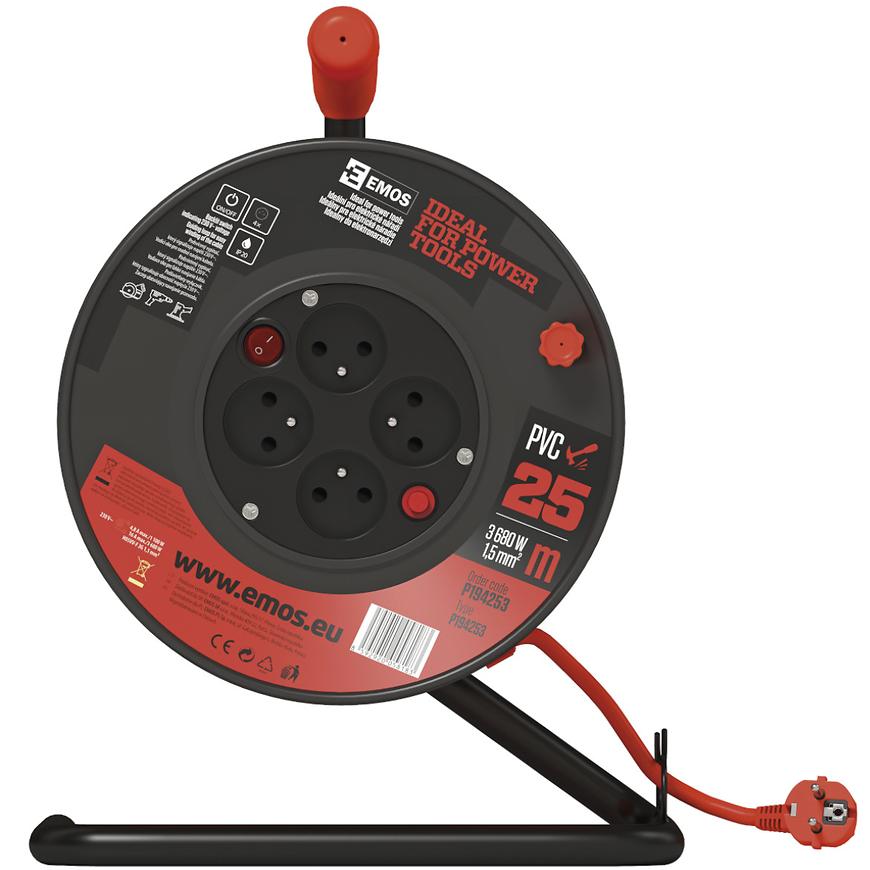 Prodlužovací kabel na bubnu 25 m / 4 zás. / s vypínačem / červený / PVC / 230V / 1