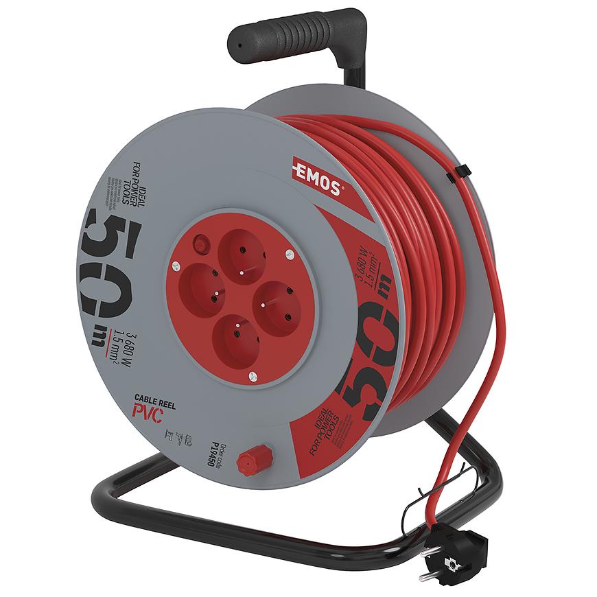 Prodlužovací kabel na bubnu 50 m / 4 zásuvky / červený / PVC / 230 V / 1