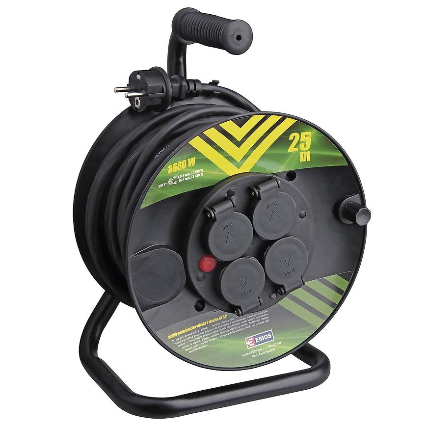 Venkovní prodlužovací kabel na bubnu 25 m / 4 zásuvky / černý / guma / 230 V / 1