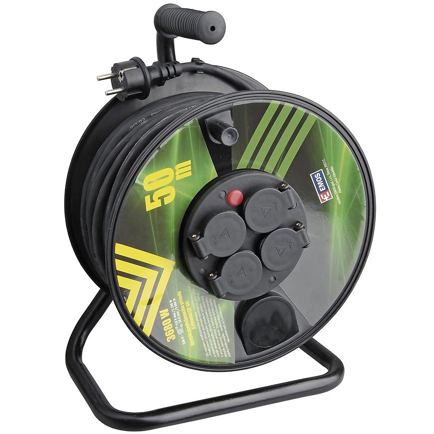 Venkovní prodlužovací kabel na bubnu 50 m / 4 zásuvky / černý / guma / 230 V / 1