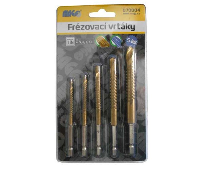 Sada vrtáků do dřeva a kovu frézovacích HSS Ti 5ks 4-10mm