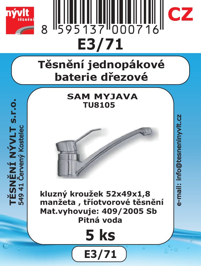 Sada těsnění Nývlt různé druhy - E3/71 pro jednopákové dřez. baterie