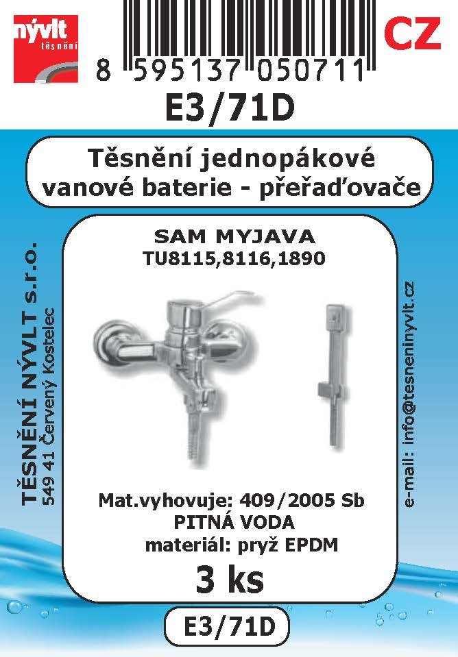 Sada těsnění Nývlt různé druhy - E3/71D pro jednopákové sprch. baterie