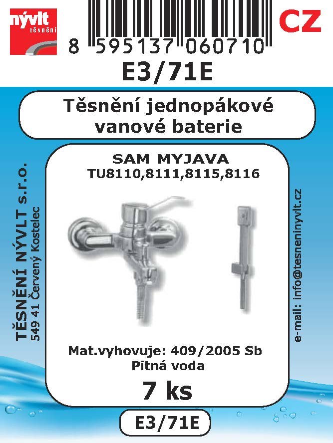 Sada těsnění Nývlt různé druhy - E3/71E pro jednopákové vanové baterie