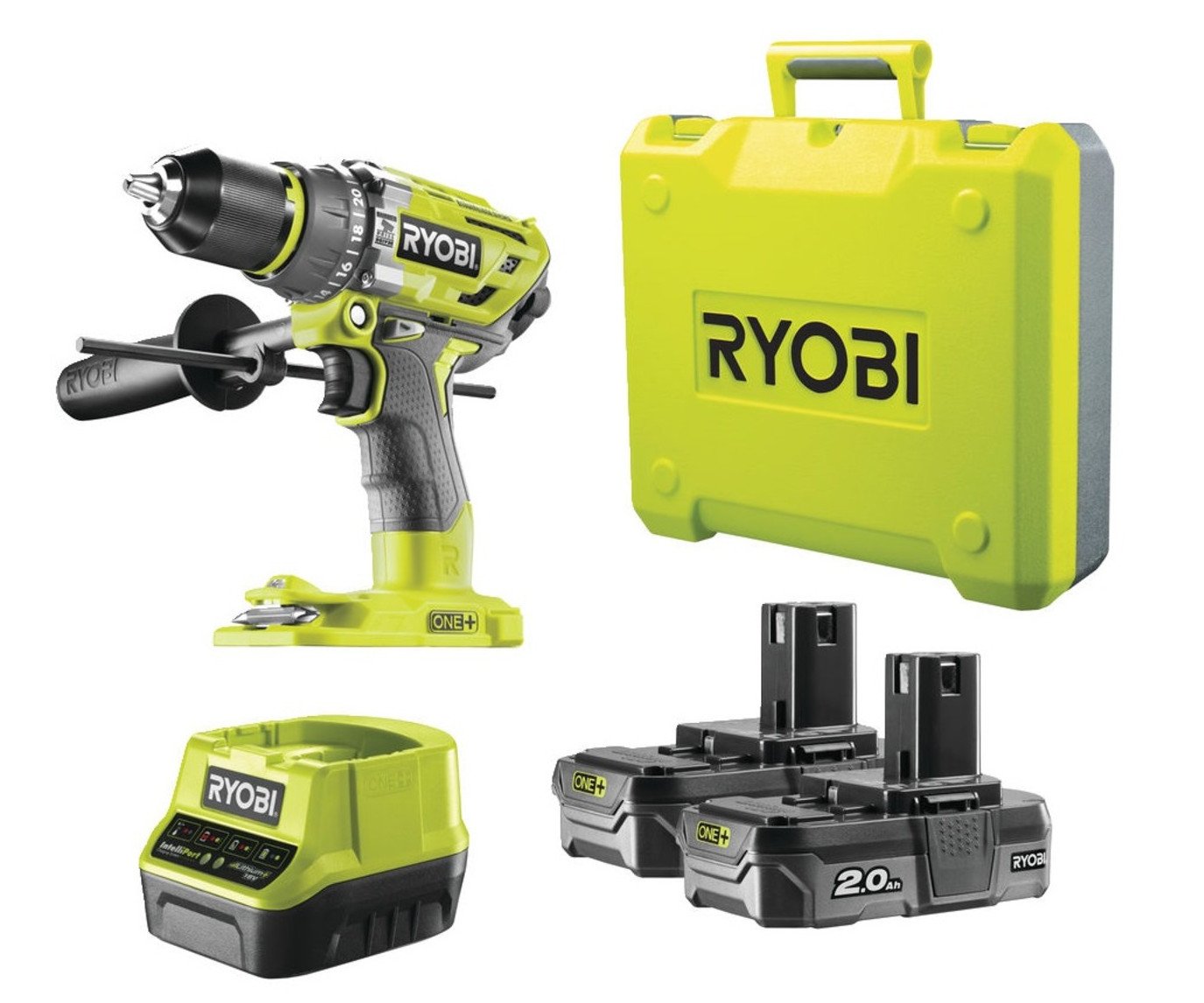 Ryobi R18PD7-220B ONE+ aku příklepový vrtací šroubovák 2x2.0Ah