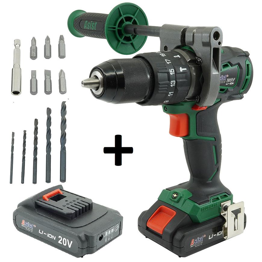 Bezuhlíková Aku vrtačka 20V / 2x 2Ah příklep Asist Asist