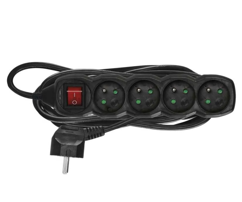 Šňůra prodlužovací s vypínačem černá 4 zásuvky 5m