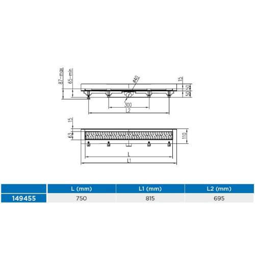 Žlab podlahový lineární ke stěně 750 mm