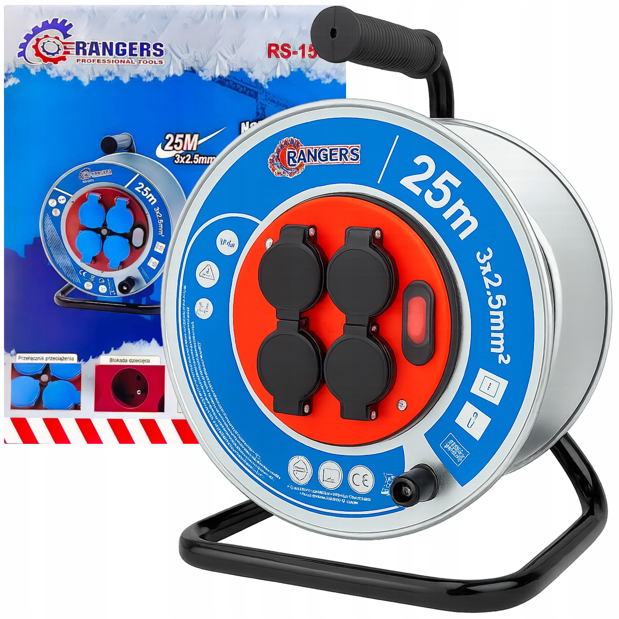 Prodlužovací kabel na kovovém bubnu 25m s klapkami a vypínačem RS1503 ONDRAGON